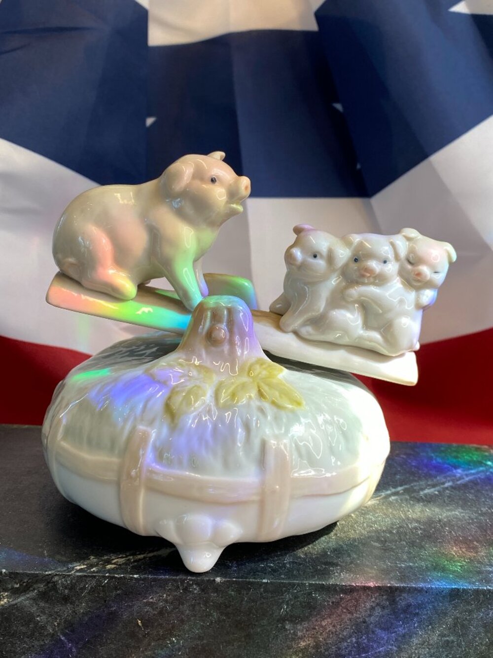 Vintage Otagiri Porcelain Pigs on a Seesaw Music Box Plays Top of the World